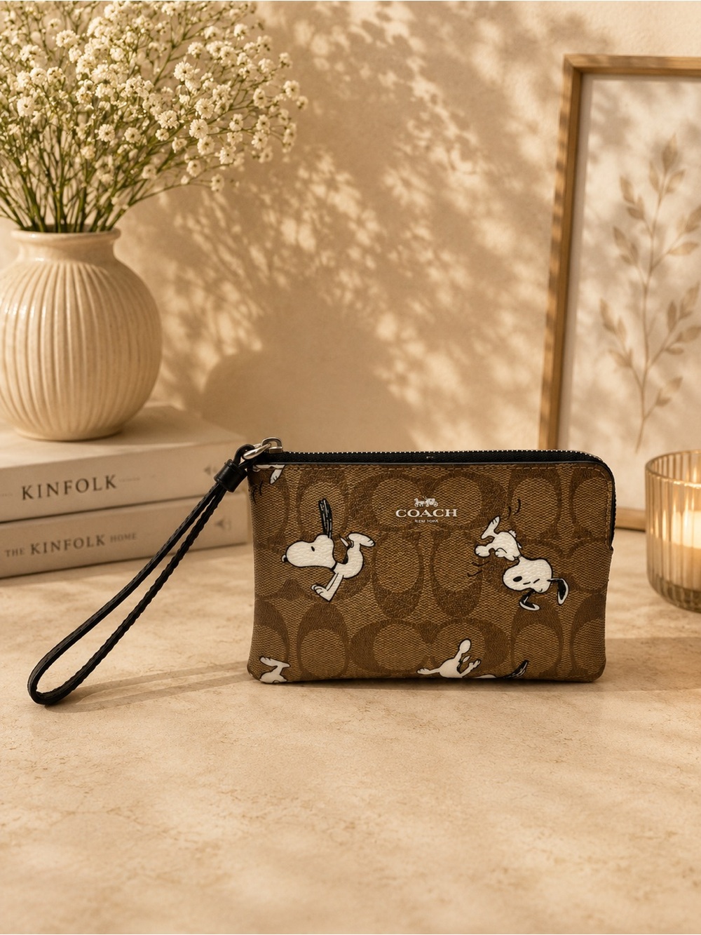 Coach X Peanuts Corner Zip Wristlet In Signature Canvas Dancing Snoopy EUC